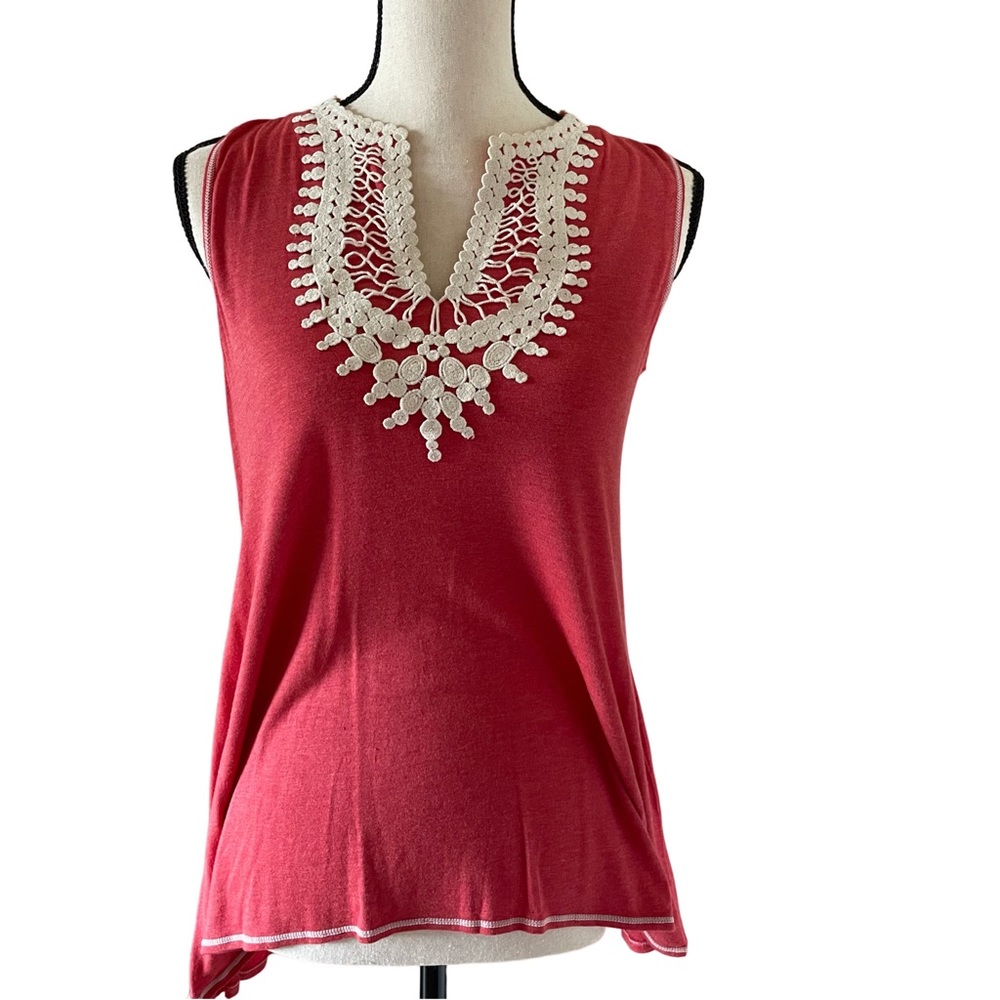 Max Studio Womens Coral Sleeveless Split Neck Embroidered Tunic /Tank Top